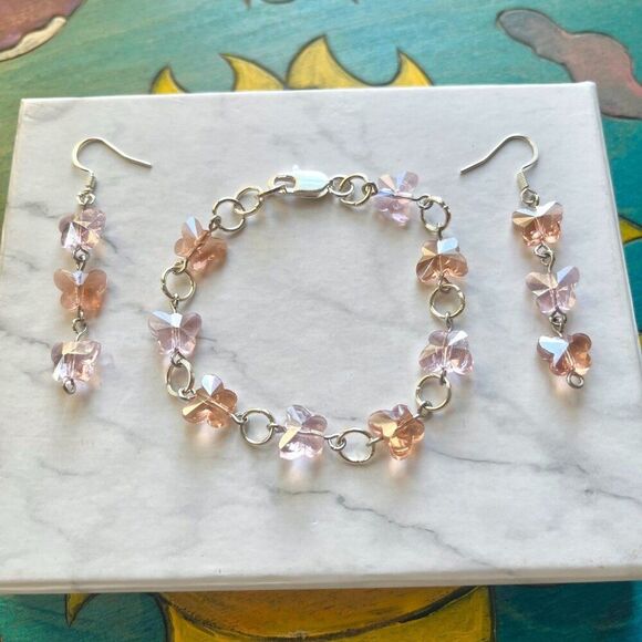 Rose Pink and Blush Glass Butterfly Bracelet + Earrings Set - Picture 6 of 9